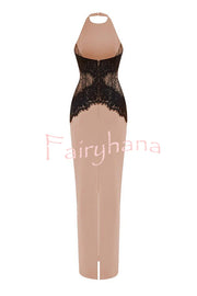 Sexy Halterneck Lace Paneled Backless Slim Maxi Dress
