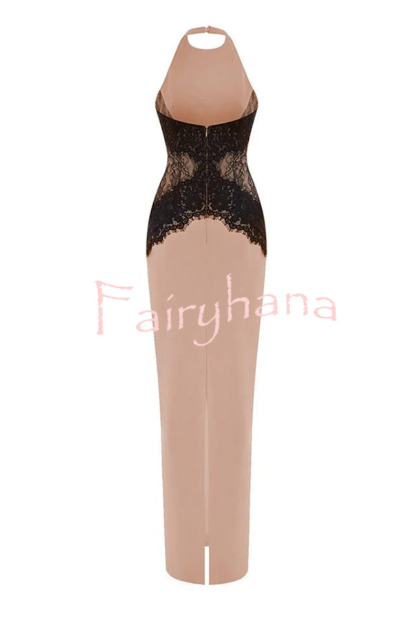 Sexy Halterneck Lace Paneled Backless Slim Maxi Dress