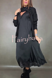 Fashionable V-neck Suspender Lace Splicing Casual Midi Dress