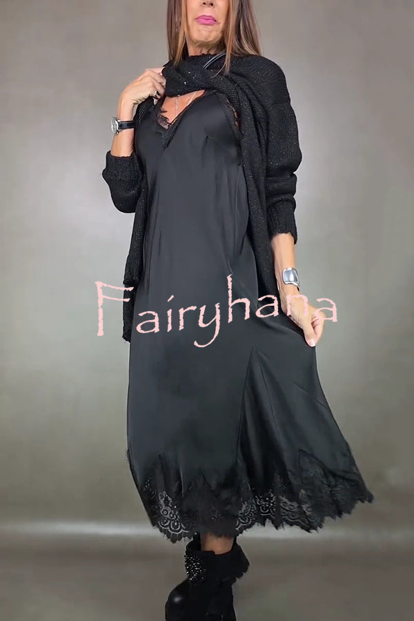 Fashionable V-neck Suspender Lace Splicing Casual Midi Dress