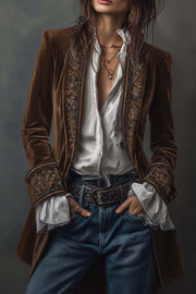 Gold Velvet Patchwork Printed Edge Long-sleeved Casual Jacket