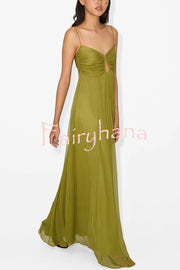 Soft and Elegant Metal Hollow Design Back Smocked A-line Slip Maxi Dress