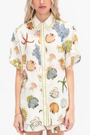 Beach Shell Print Short Sleeve Loose Shirt and Elastic Waist Tie Casual Pocket Shorts Set