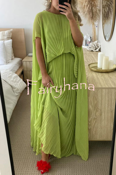 Spring Whispers Chiffon Pleated Wide Sleeve Volume Maxi Dress