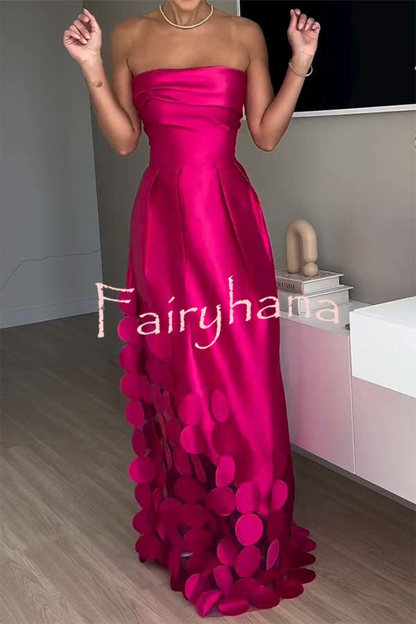 Luxurious Poise Satin Spliced mesh Polka-dot Fabric Off Shoulder Formal Maxi Dress
