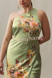 Wedding  Guest Satin Floral Print One Shoulder Side Slit Maxi Dress