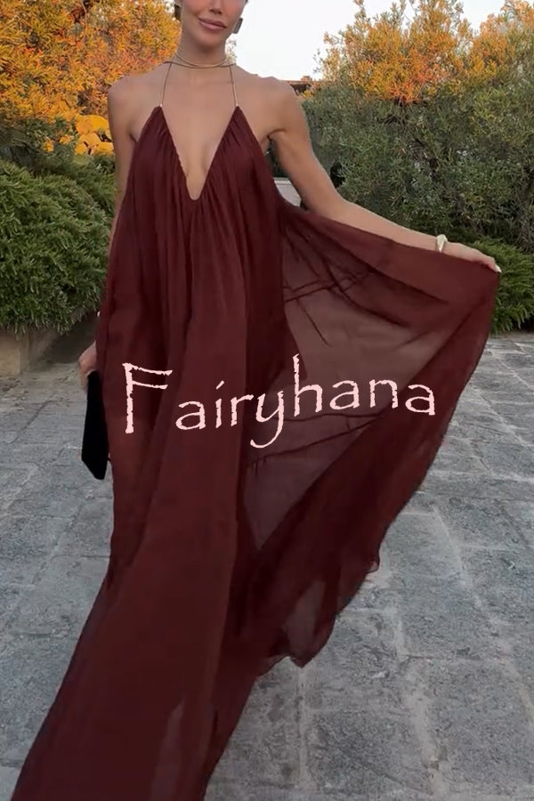 Flowing Lightweight Chiffon Chain Halter Neck Detail Backless A-line Maxi Dress