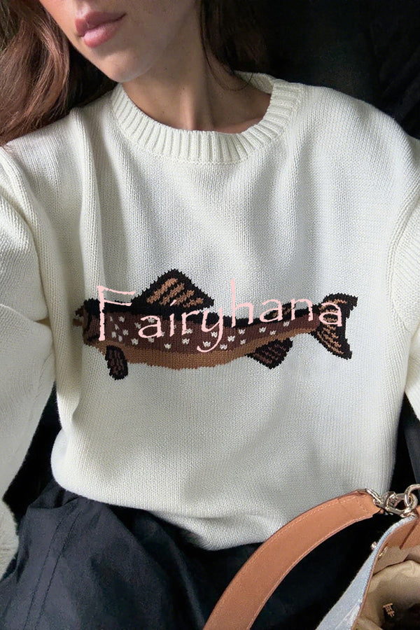 Fashionable Fish Pattern Round Neck Loose Knitted Sweater