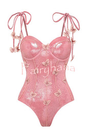 Solid Color Shiny Fabric Sweet Butterfly Decoration Stretch One-piece Swimsuit