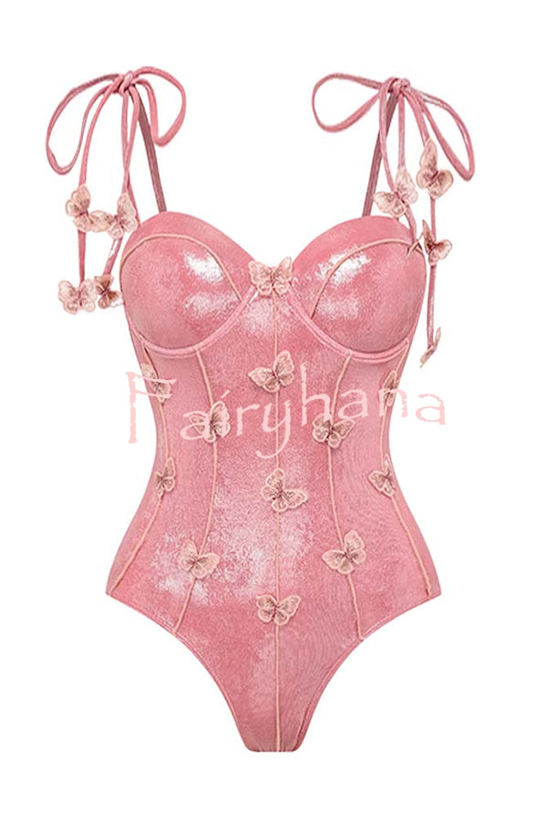 Solid Color Shiny Fabric Sweet Butterfly Decoration Stretch One-piece Swimsuit