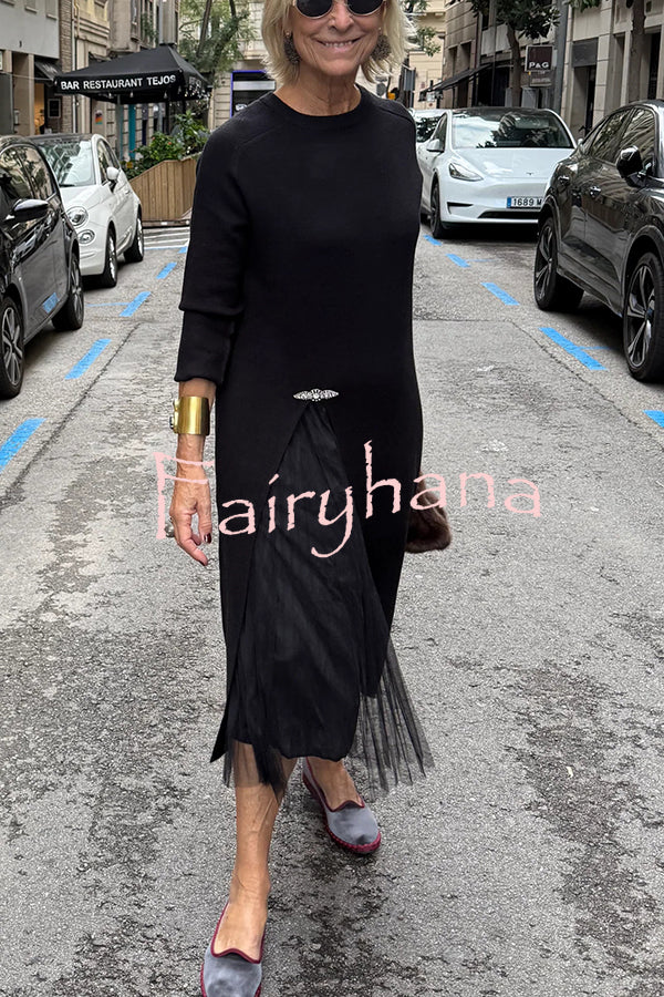 Jollie Knit Long Sleeve Front Slit Midi Sweater and Pleated Tulle Stretch Tank Midi Dress Two-piece Set