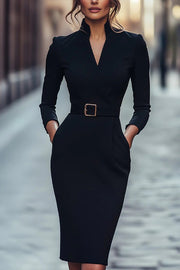 Solid Color V-Neck Long Sleeve Pocket Slim Waist Midi Dress