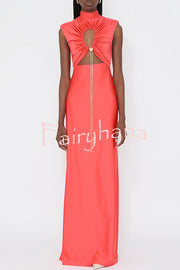 Genis Hollow Elastic Bust High Neck Sleeveless Gathered Maxi Dress