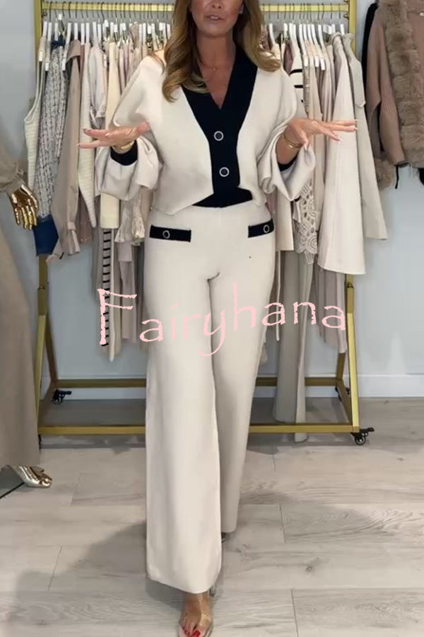 Fashion Contrast Color V-neck Loose Cardigan and Elastic Waist Casual Pants Set