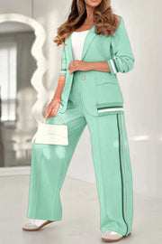 Solid Color Lapel Long Sleeve Loose Blazer and Elastic Waist Casual Pocket Wide Leg Pants Set