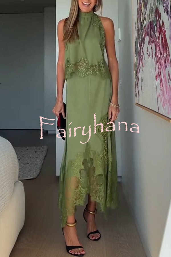 Modern Muse Satin Lace Trim Pleated Neck Top and A-line Irregular Slit Skirt Set