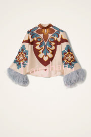 Bohemian Dreams Unique Print High Neck Feather Trim Bell Sleeve Top
