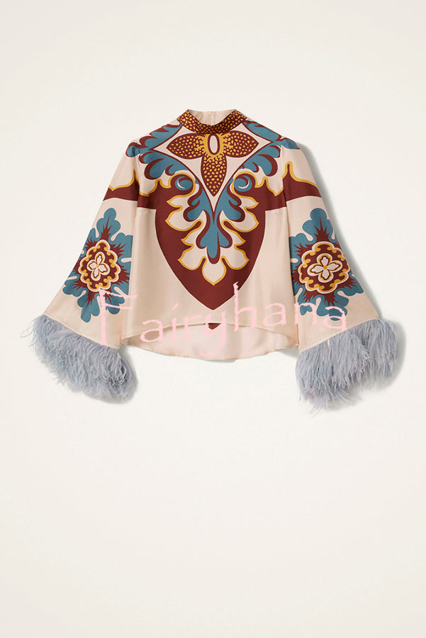 Bohemian Dreams Unique Print High Neck Feather Trim Bell Sleeve Top