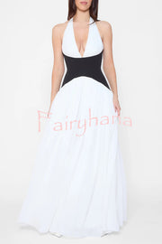 Fashionable Color Matching Sexy Halter Neck Waist Maxi Dress