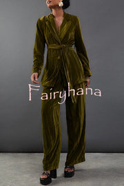 Solid Color Velvet Long-sleeved Waist Tie Top and Elastic Waist Casual Pocket Straight-leg Pants Set