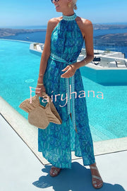Unique Print Sexy Off-the-shoulder Waist Tie Slit Holiday Midi Dresses