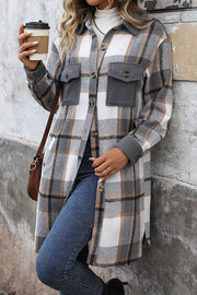 Retro Plaid Casual Long-sleeved Pocket Mid-length Coat