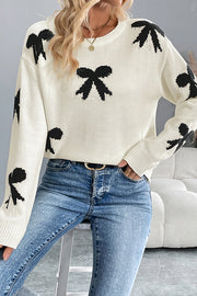 Christmas Contrast Bow Round Neck Long Sleeve Loose Knitted Sweater