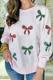 Christmas Sequined Bow Crew Neck Long-sleeved Loose Sweatshirt