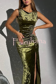 Solid Color Velvet Round Neck Sleeveless Slim Slit Maxi Dress