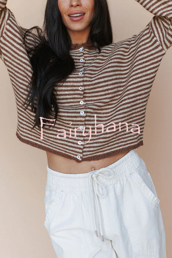 Fashionable Contrast Striped Casual Long-sleeved Knitted Cardigan