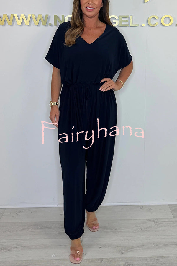Solid Color V-neck Short-sleeved Waist-tied Loose Casual Jumpsuit
