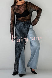 Sexy Openwork Lace Long-sleeved Asymmetrical Casual Top