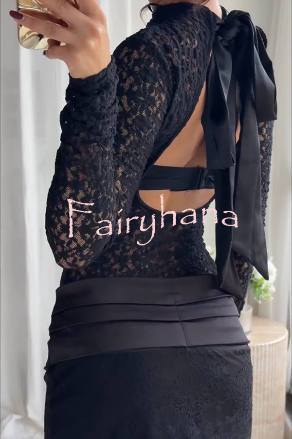 Anna Semi-sheer Lace Long Sleeve Back Bow Tie-up Cutout Stretch Bodysuit