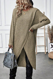 Solid Color Round Neck Long Sleeve Loose Slit Knitted Sweater