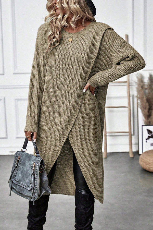 Solid Color Round Neck Long Sleeve Loose Slit Knitted Sweater