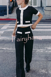 Fashionable Contrast Color Short-sleeved Button-down Top