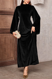 Solid Color Velvet Bell Sleeves Tie Waist Elegant Maxi Dress