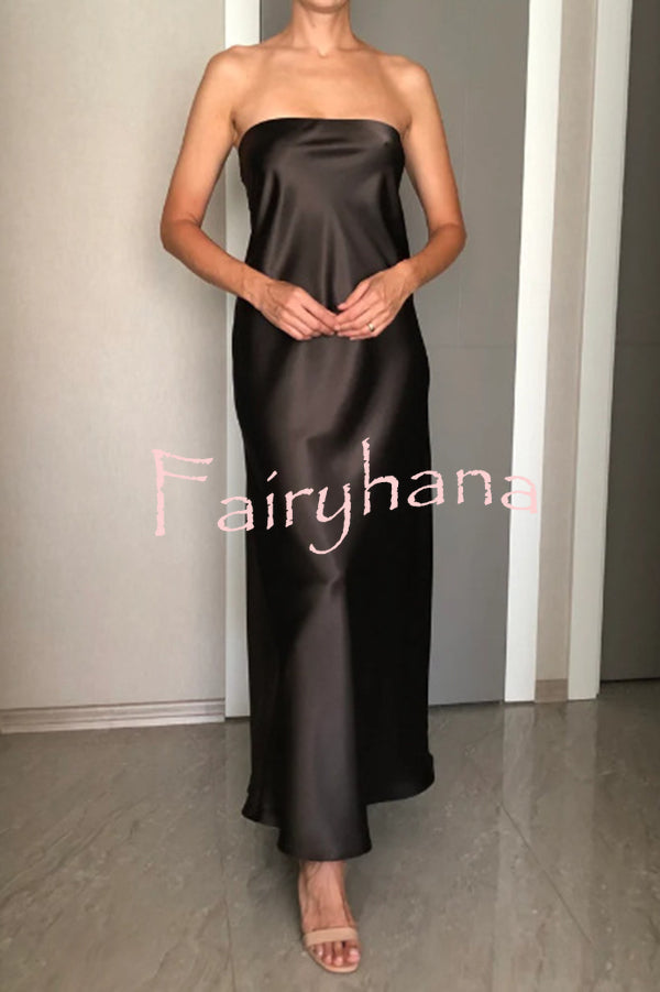 Satin Solid Color Elegant Strapless Slim Maxi Dress
