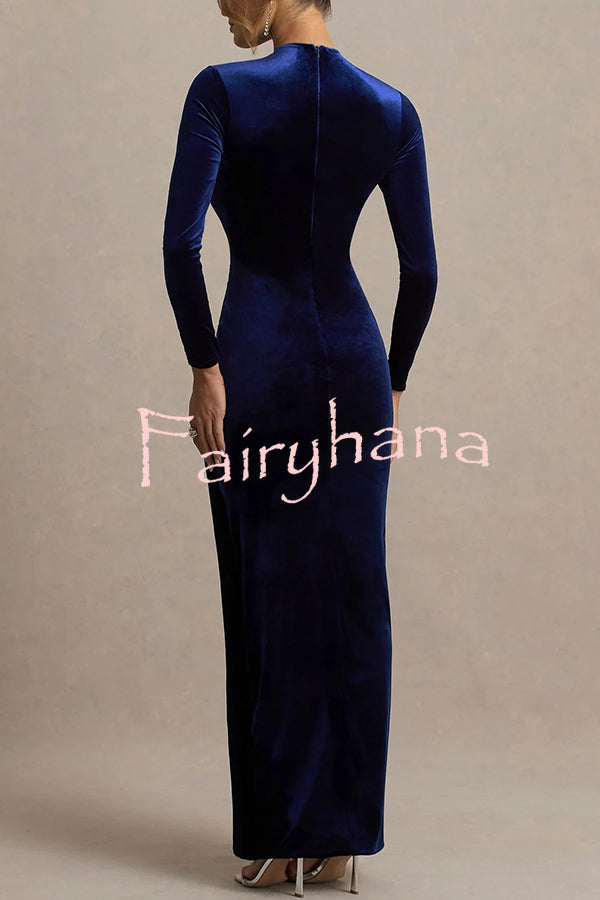 Wishes Velvet High Neck Long Sleeve Ruched Waist Wrap Slit Stretch Maxi Dress