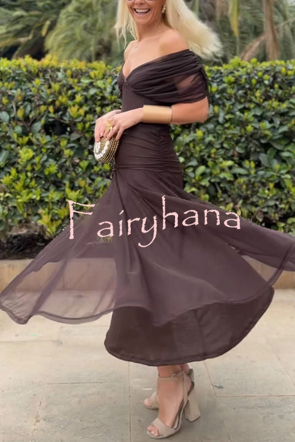 Unique Printed V-Neck Waisted Mesh Holiday Maxi Dress