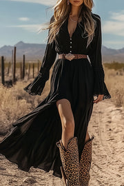 Elegant V-neck Long-sleeved Fitted Waist Slit Maxi Dress