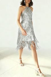 Sexy Sleeveless Halter Neck Tassel Sequin Mini Dress