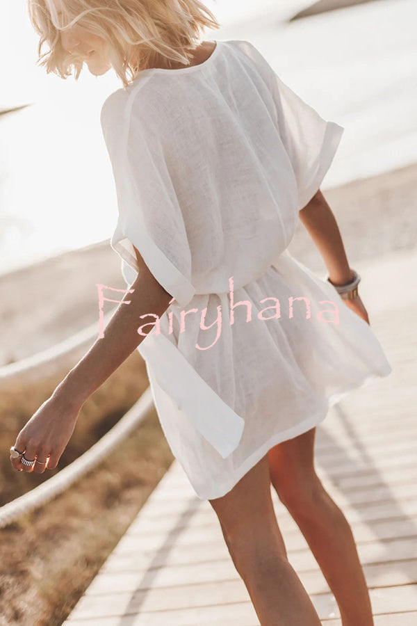 Breezy Retreat Cotton Linen Blend Pocketed Belt Kimono Mini Dress
