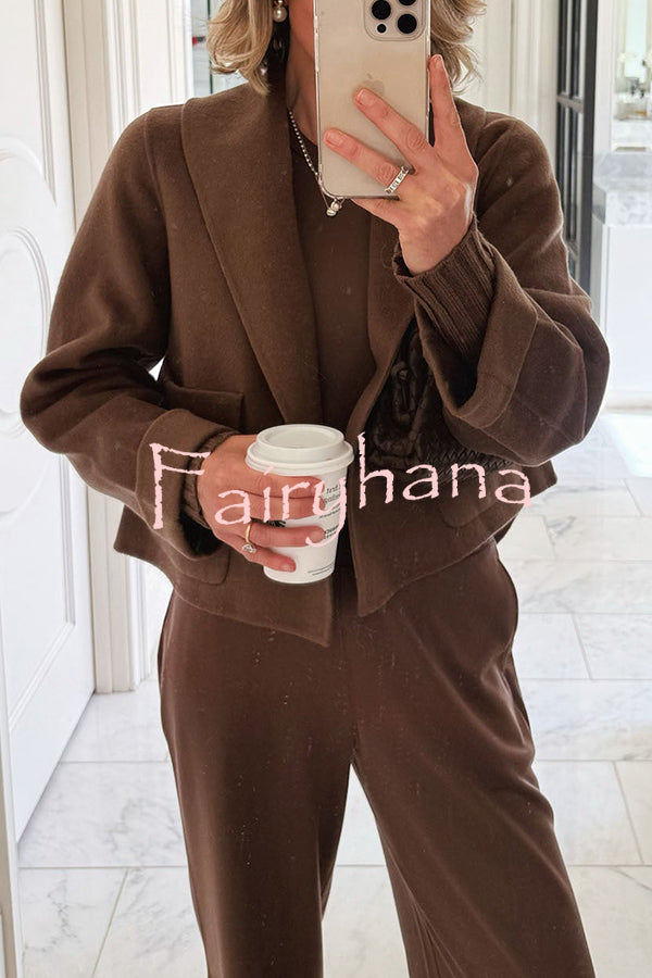 Comfortable Season Shawl Collar Open-front Long Sleeve Flap Pockets Crop Coat