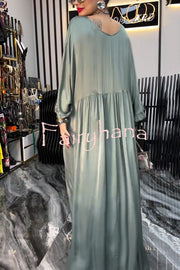 Satin Solid Color V-neck Lotus Leaf Sleeve Loose Pleated Maxi Dress