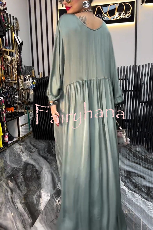 Satin Solid Color V-neck Lotus Leaf Sleeve Loose Pleated Maxi Dress