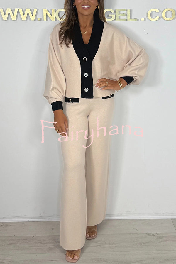 Fashion Contrast Color V-neck Loose Cardigan and Elastic Waist Casual Pants Set