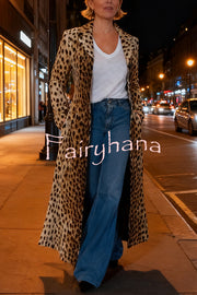 Leopard Print Long Sleeve Pocket Casual Maxi Trench Coat
