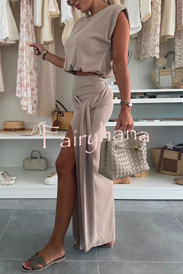 Comfortable Stylish Round Neck Sleeveless Casual Top and Elastic Waist Ruched Tie Slit Midi Skirt Set