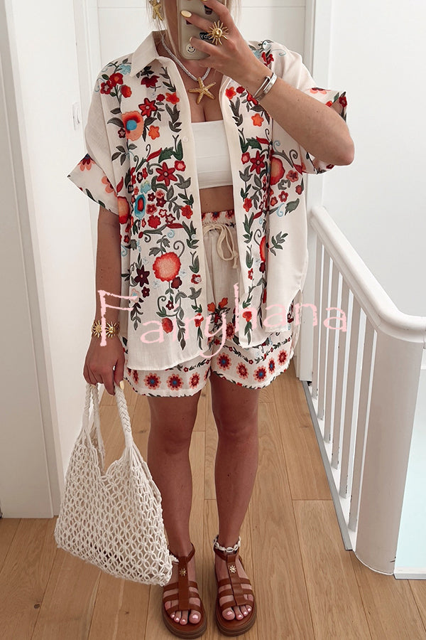 Linen Blend Floral Print Short Sleeve Loose Shirt and Elastic Waist Tie Casual Shorts Set